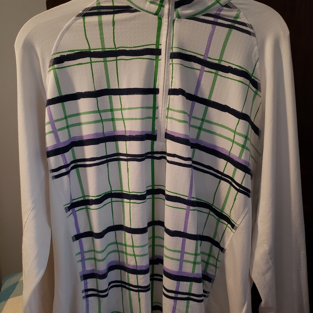 White Plaid Half-Zip Long Sleeve Women’s Top
